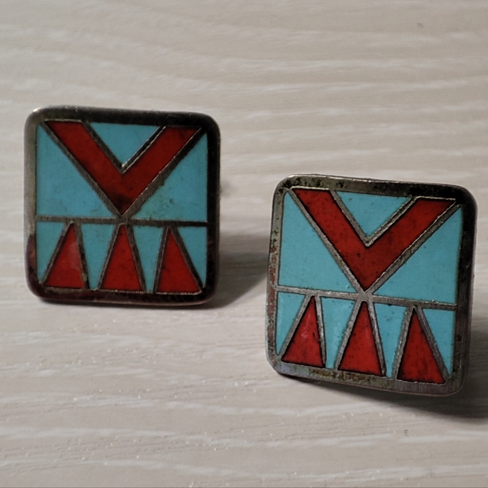 Enamel Silver Earrings Faux Turquoise Faux Coral Screwback   Vintage